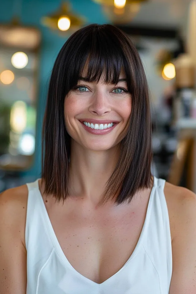 Cabello castaño oscuro con flequillo.' title=