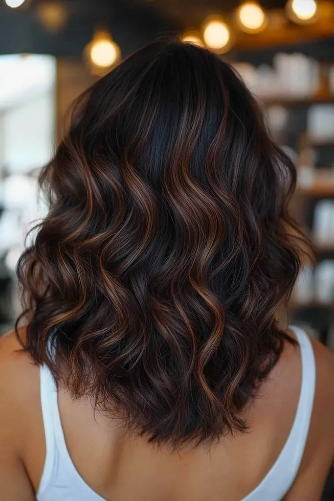 Balayage castaño oscuro sobre cabello negro con ondas suaves.' title=