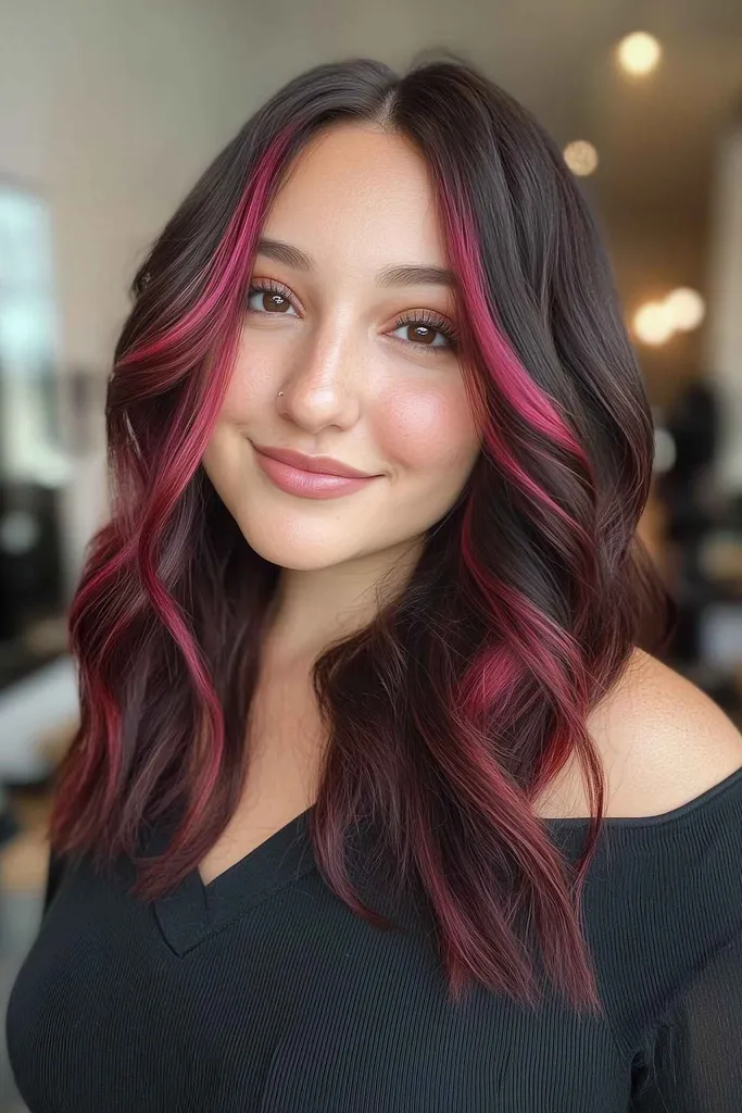 djärv vinröd pengabit höstfärg på mörkt hår' title=