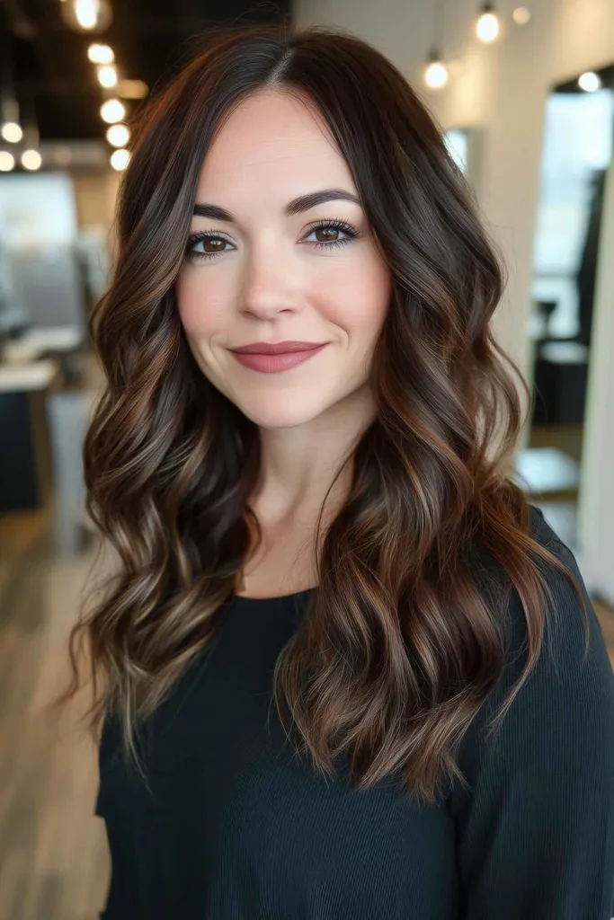 Mörk kastanjebrun balayage för brunetter perfekt för hösten' title=