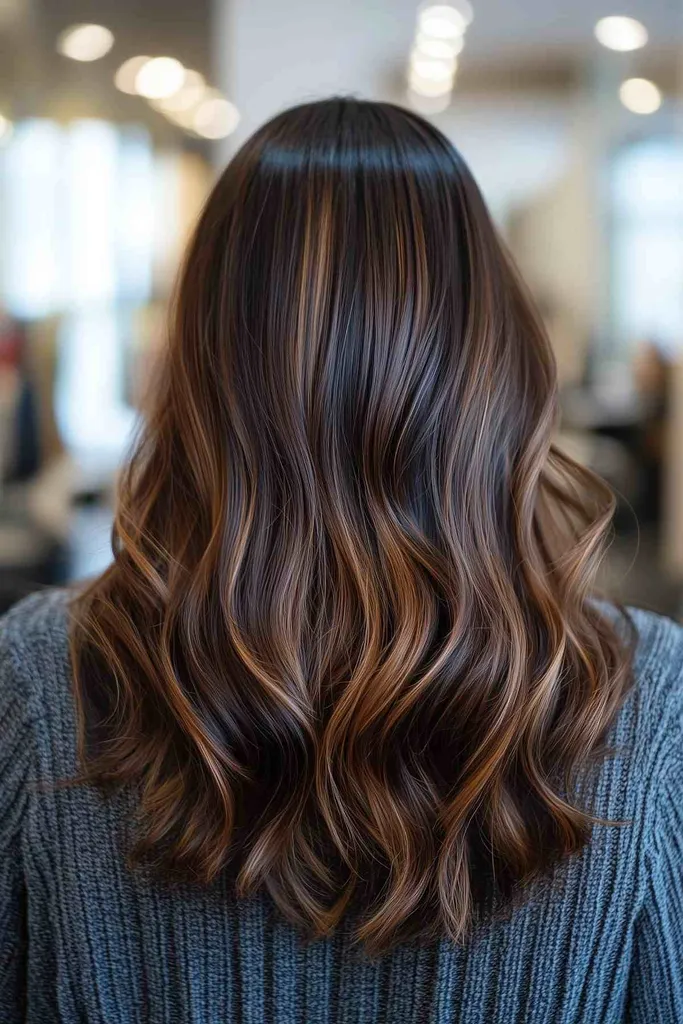Mörkbrunt hår med kola lowlights för hösten' title=