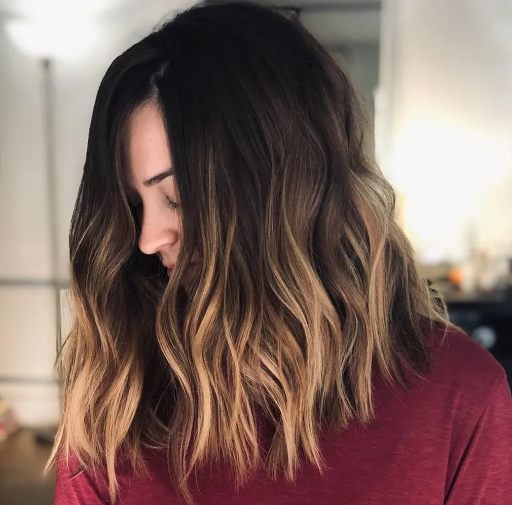 Klasičen temno rjav in blond ombre na črnih laseh' title=