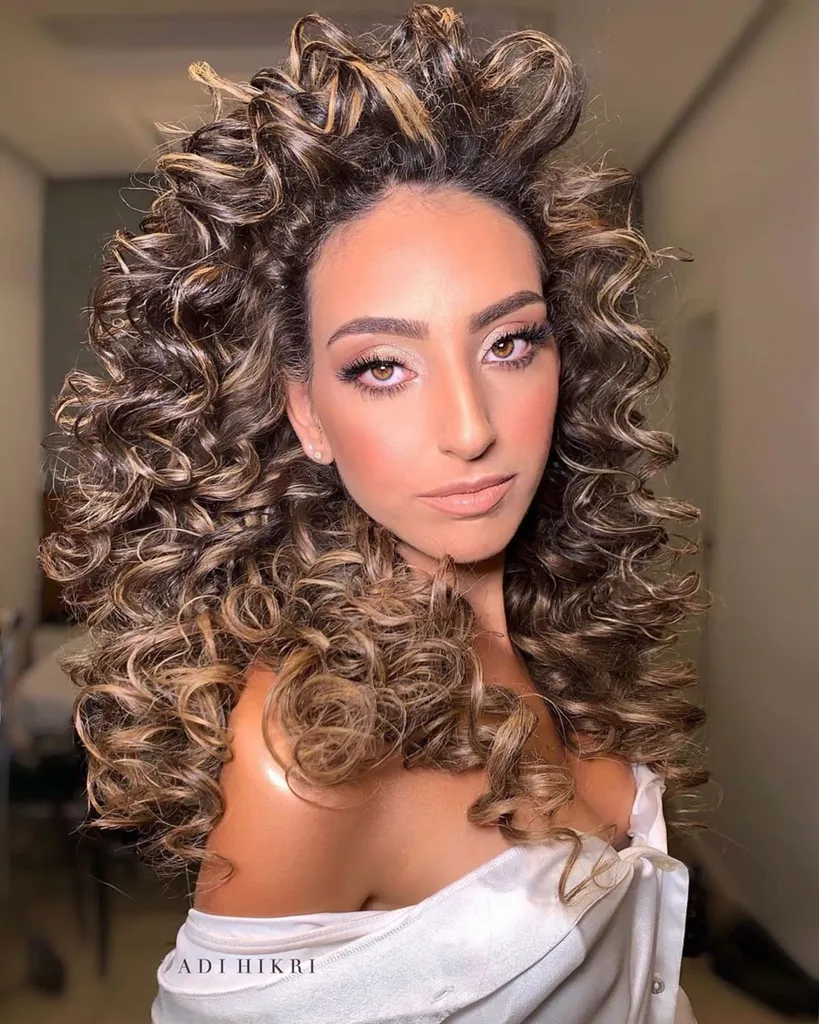 mišje rjavi poudarki na kodrastih črnih laseh' title=