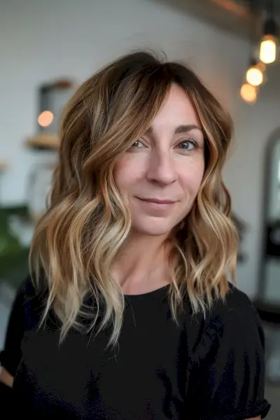 Woman with Sun-Kissed Caramel to Blonde Ombre Waves