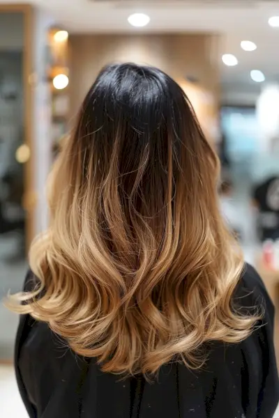 Woman with Black to Honey Blonde Ombre Wavy Hair