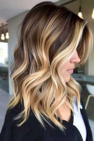 Tmavě hnědé vlasy s blond odlesky.