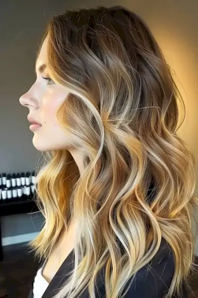 Medově karamelové blond balayage melíry na tmavě hnědých vlasech.