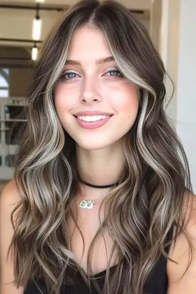 Kakaově hnědé vlasy s odlesky platinových peněz.