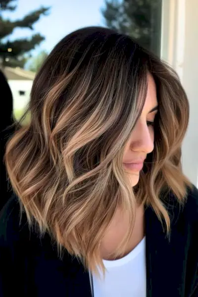 Blond balayage melír na tmavě hnědých vlasech po ramena.