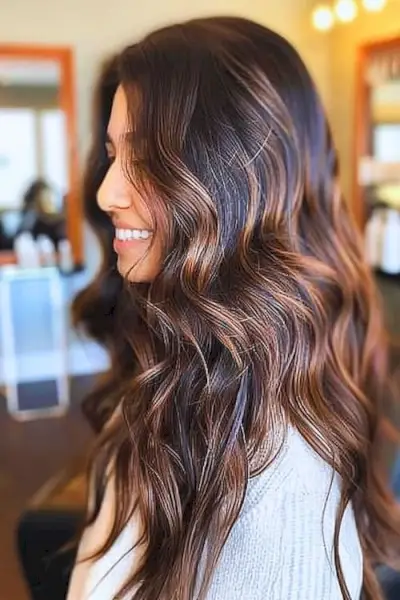 Tmavě skořicová barva na vlasy s karamelově blond odlesky.