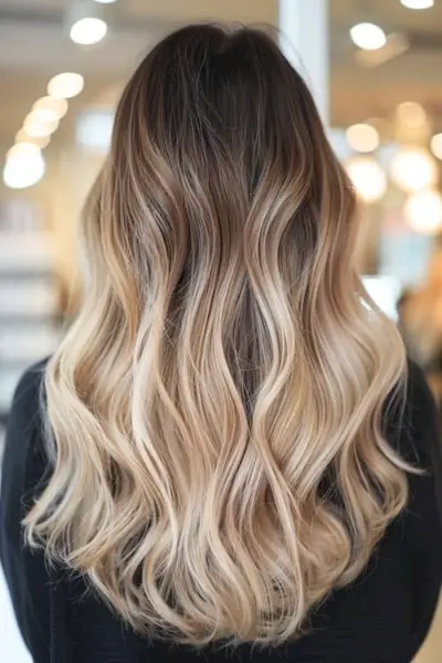 Tmavě hnědé až blond ombre vlasy, zezadu, natočené v kadeřnictví.