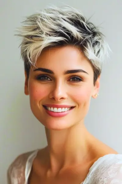 Půlnoční hnědá s platinovými odlesky na špičatém pixie účesu.