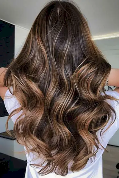 Long Wavy Hair with Chocolate Caramel Partial Balayage Highlights