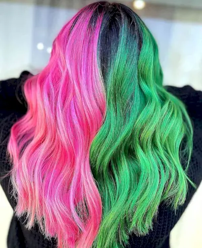 Hot Pink and Bright Green Color Block Hair Idea