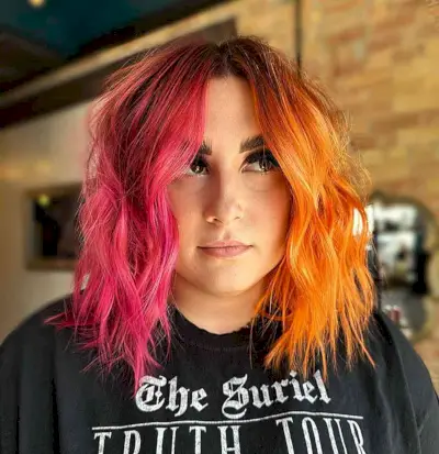 Half Pink, Half Orange Messy Cut Hair Color Idea