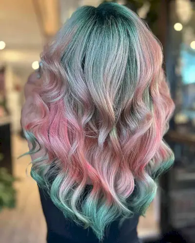 Pinks and Greens with Dark Roots Hair Color Idea