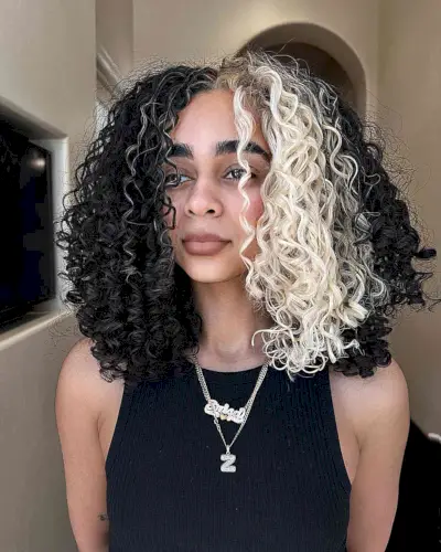 Half Black, Half White Curls Color Idea