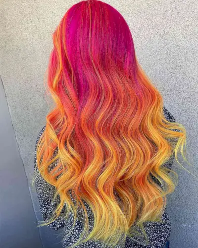 Magenta Roots to Orange-Yellowish Tips Color Idea