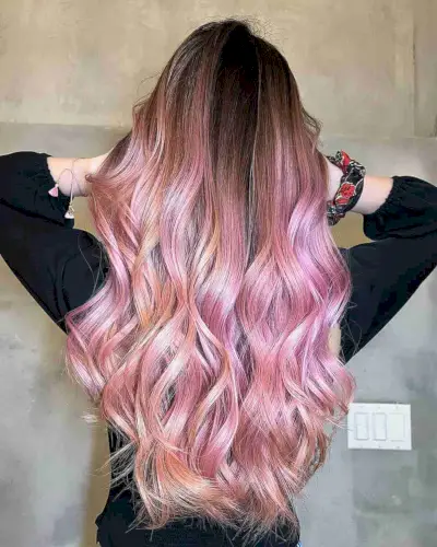 Glossy Light Pink Ombre Balayage on Brown Hair
