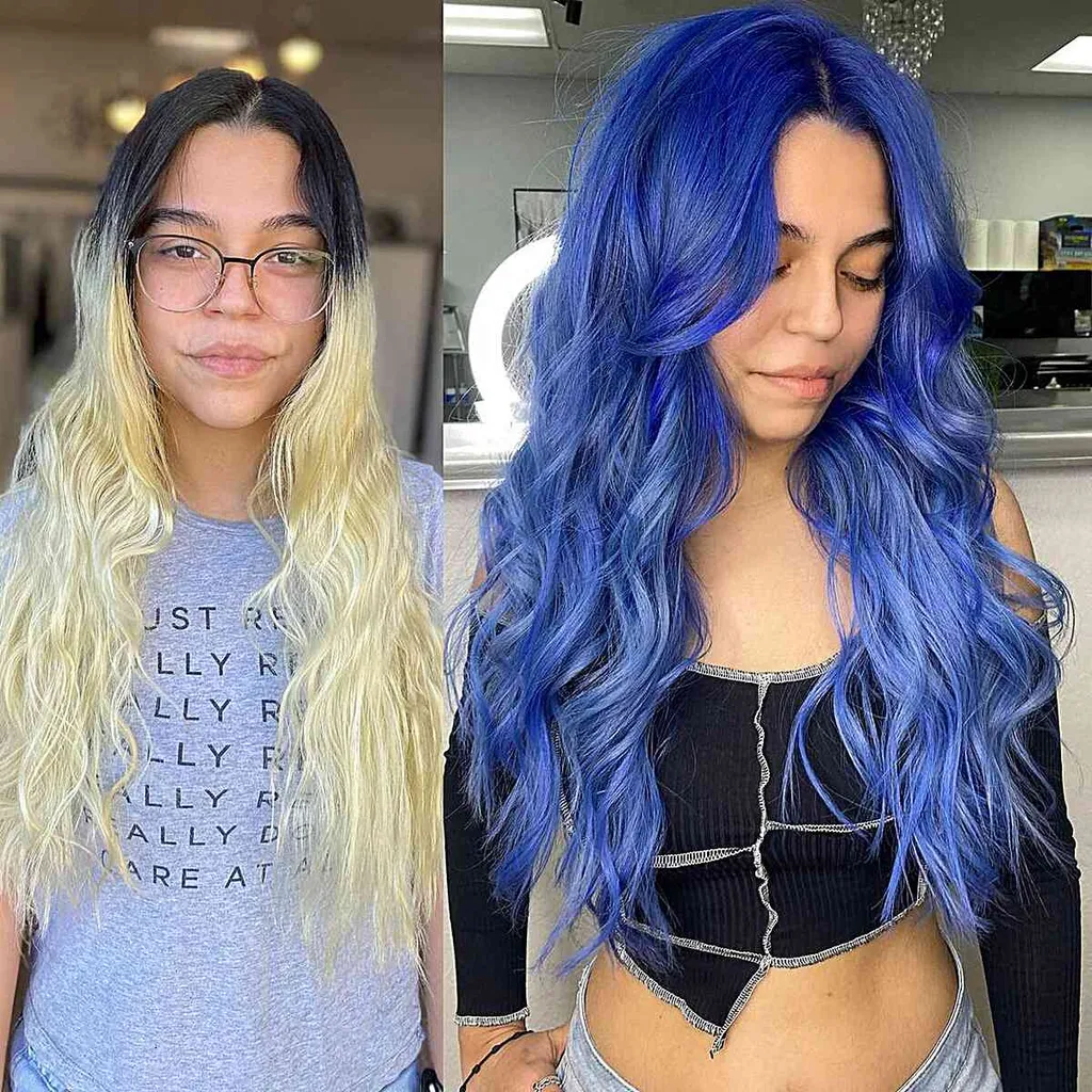 Vivid Hair Transformation Blue Balayage za dolge valovite lase s sredincem' title=