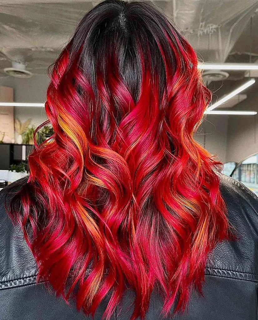 Fiery Red Balayage em cabelos longos e ondulados com raízes pretas' title=