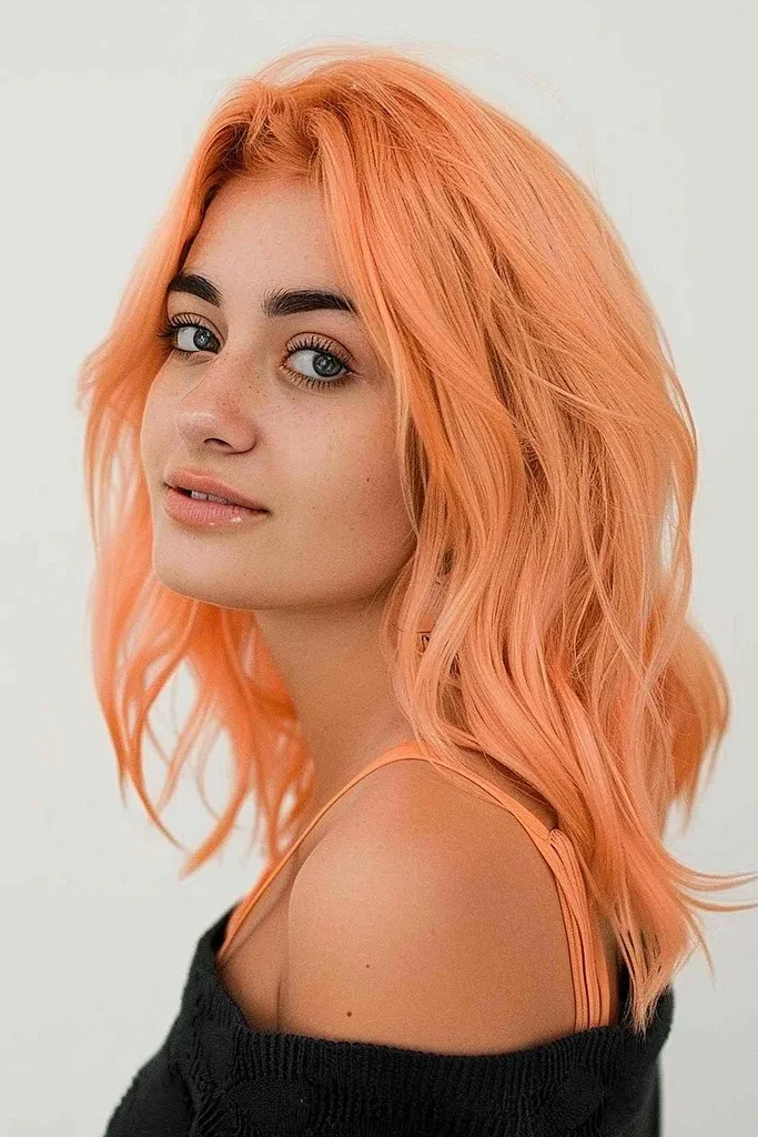 Mittellanges, zerzaustes Haar mit einer sanften Pfirsich-Melba-Tönung, die den hellen Teint mit einem lebendigen, aber subtilen Farbupdate unterstreicht, ideal für einen verspielten Alltagslook.' title=