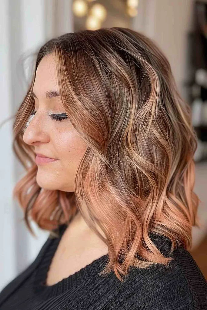 Schulterlanger Bob mit natürlichen braunen und zarten pfirsichfarbenen Akzenten, der eine dynamische Textur und einen sonnenverwöhnten, pflegeleichten Stil bietet.' title=