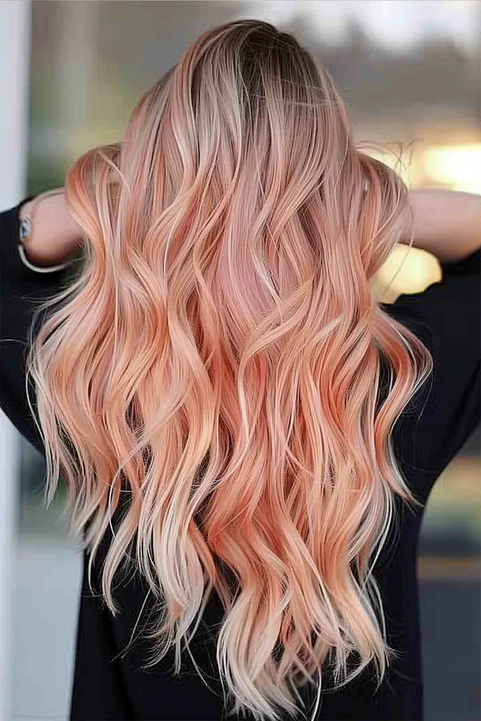 Mittellanges, welliges Haar mit einem Farbverlauf von natürlichem Blond zu sanftem Pfirsich-Balayage, das für Volumen und einen verspielten Sommerlook sorgt.' title=