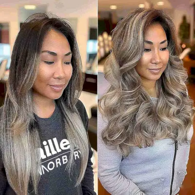 Medium-length ash blonde to gray ombre highlights on straight and wavy hair