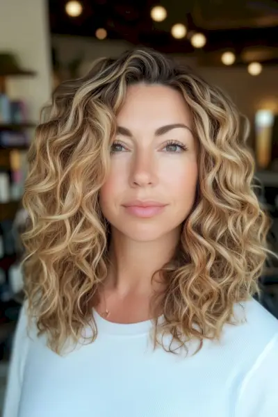Blonde balayage highlights for medium curly hair