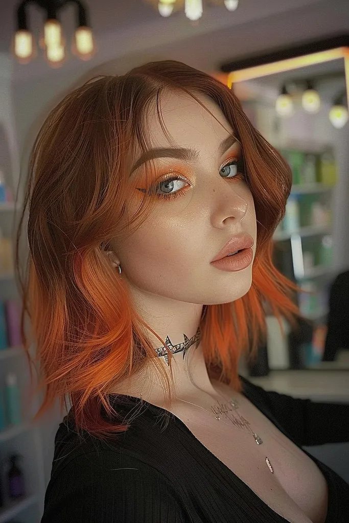 Krótkie, brązowe włosy ufarbowane na jasnopomarańczowy kolor z miękkimi falami i warstwami, aby uzyskać efekt Halloween' title=