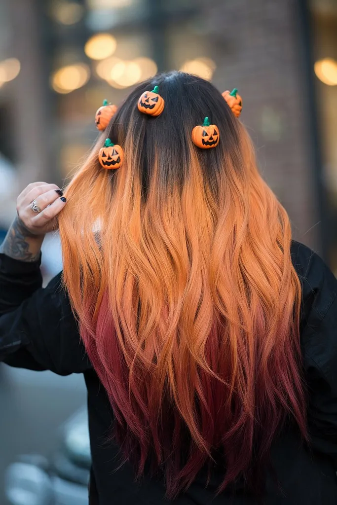 Włosy ombré w kolorze pomarańczowym do czerwonego z mini-dyniowymi spinkami dla stylizacji w stylu Halloween' title=