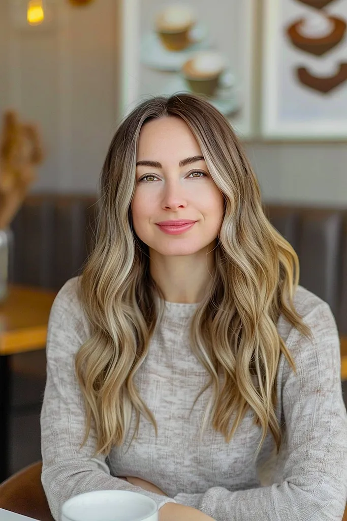 Softbrew-Haarfarbe mit aschblonden Highlights auf neutralem, brünettem, welligem Haar' title=