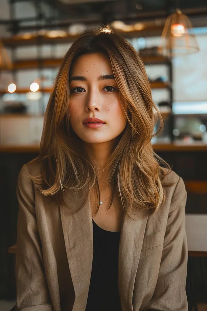 Latteblend-Haarfarbe mit beige-blonden Highlights auf hellbraunem, gewelltem Haar' title=