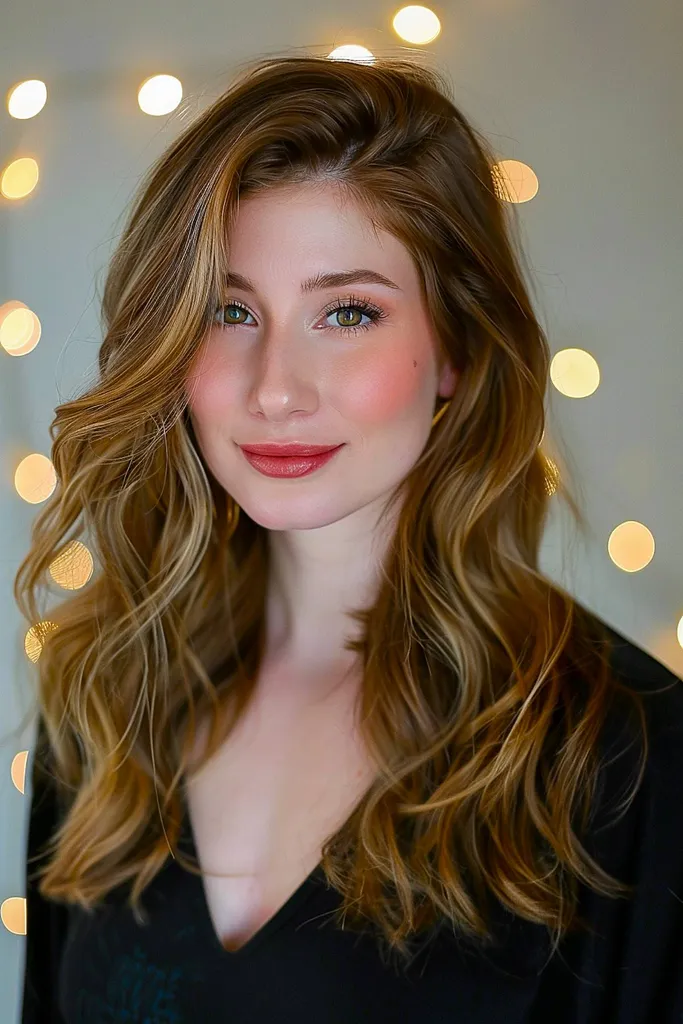 Caraluxe-Haarfarbe mit Karamell-Highlights auf kräftigem, brünettem, welligem Haar' title=