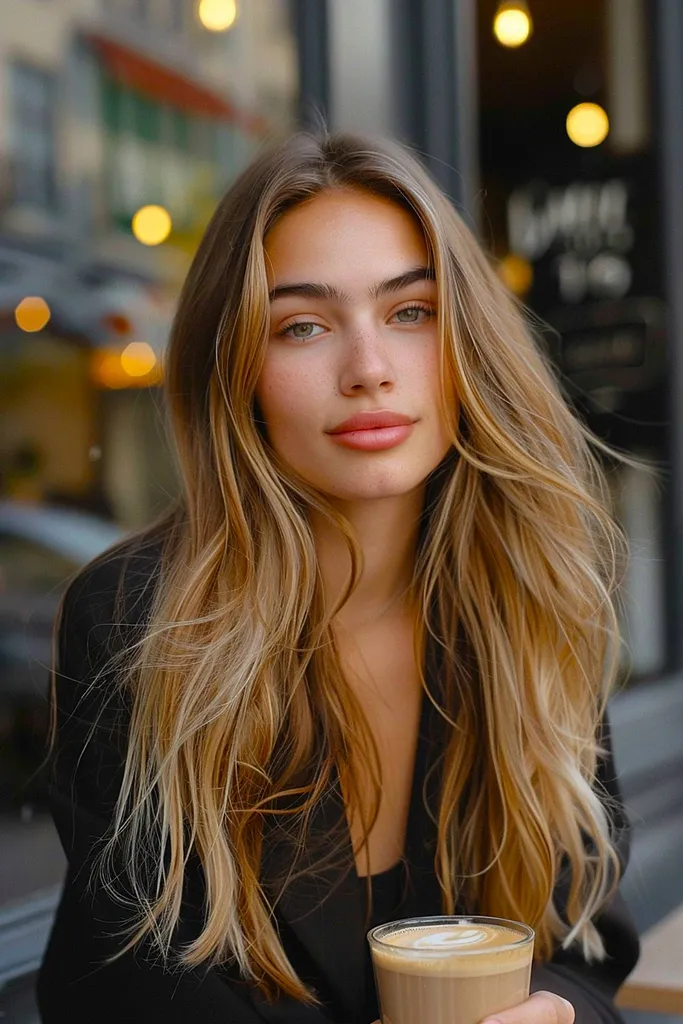 Cremaweave-Haarfarbe mit cremeblonden Highlights auf warmbraunem, gewelltem Haar' title=