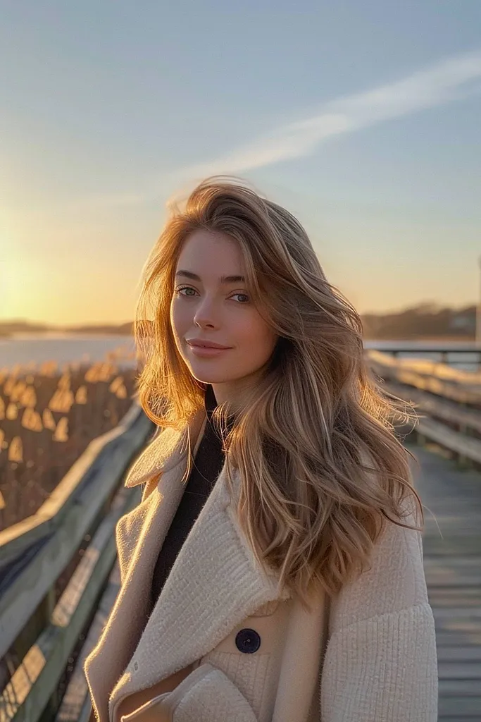 Biscayage-Haarfarbe mit goldblondem Balayage auf weichem braunem, welligem Haar' title=