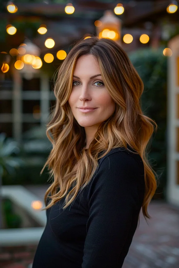 Amberlux-Haarfarbe mit satten Bernstein-Highlights auf mittelbraunem, welligem Haar' title=