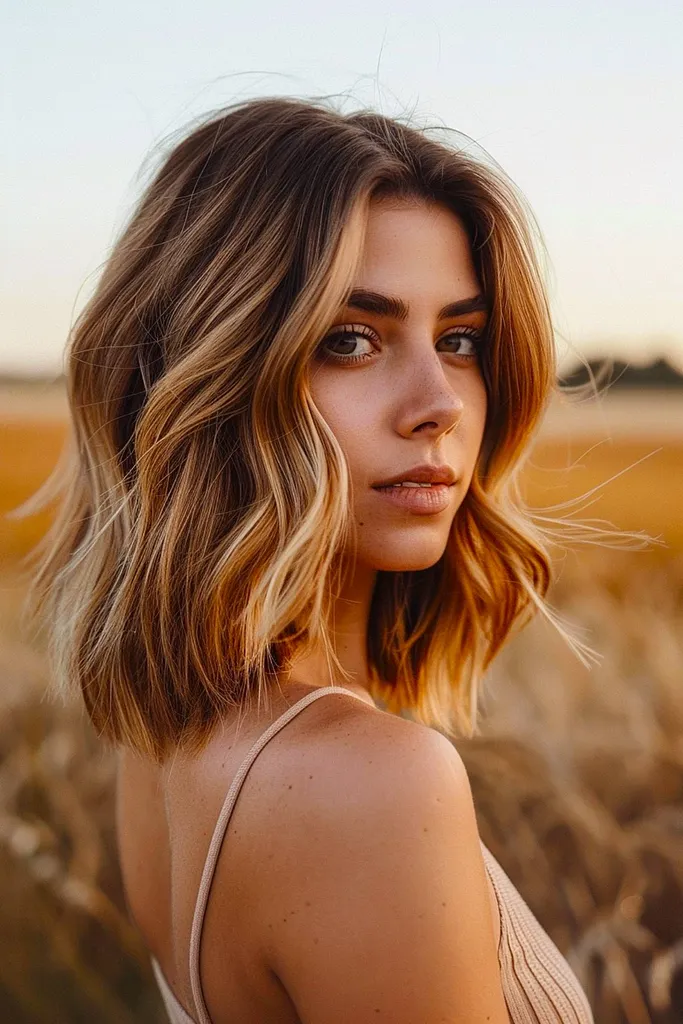 Sunflect-Haarfarbe mit warmen goldenen Akzenten auf hellbraunem, gewelltem Haar' title=