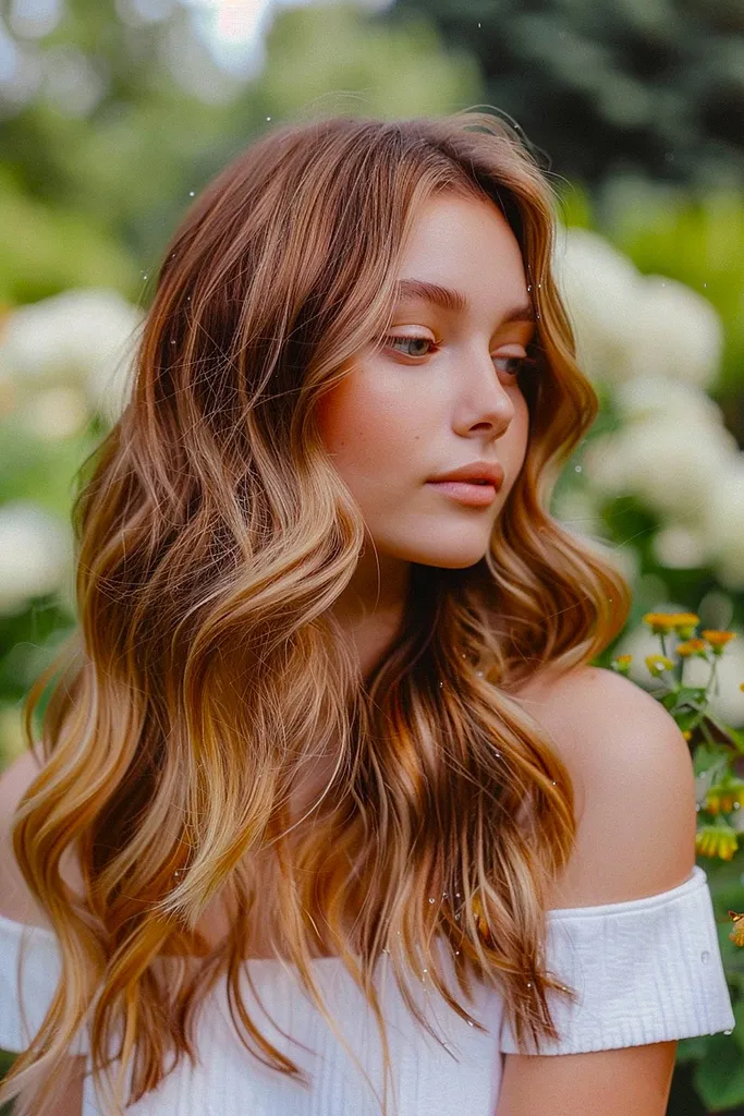 Tauhelle Haarfarbe mit goldenen Karamell-Highlights auf hellbraunem lockigem Haar' title=