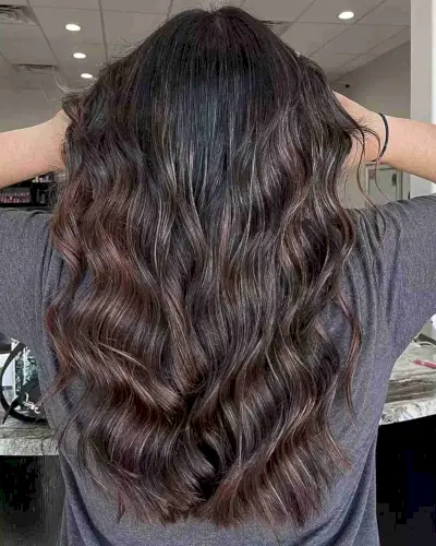 Black and Dark Chocolate Brown Balayage with Long Beach Waves