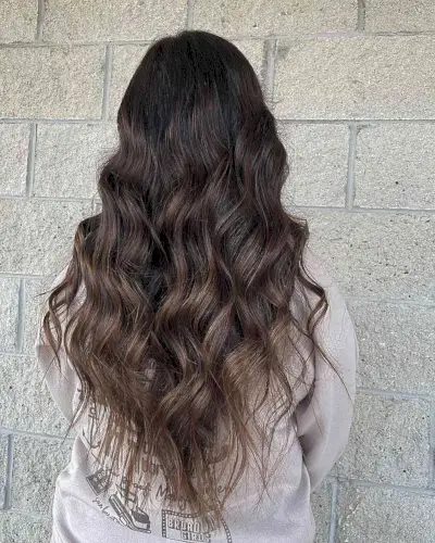 Waist-Length Dark Choco Balayage Hair with Light Brown Highlights