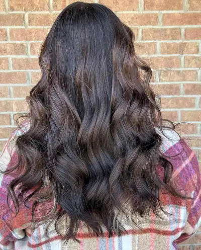 Mid Back-Length Chocolate Brown Balayage with Peek-a-Boo Blonde Highlights