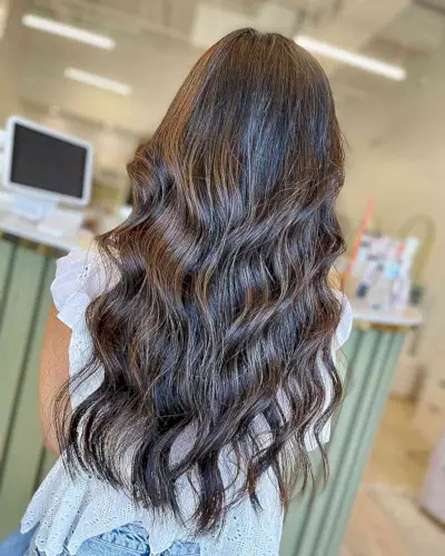 Long Wavy Chocolate Swirls on Dark Balayage Hair