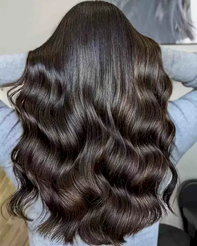 Sultry Chocolate Brunette Balayage Highlights on Dark Tresses with Long Haircut