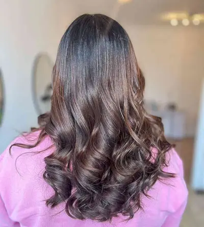 Chocolate Mocha Balayage Hair Color with Mid to Long Waves