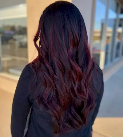 Dark Burgundy Highlights on Black Hair