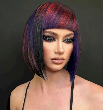 Black Slob Cut with Red and Purple Highlights for women with straight hair