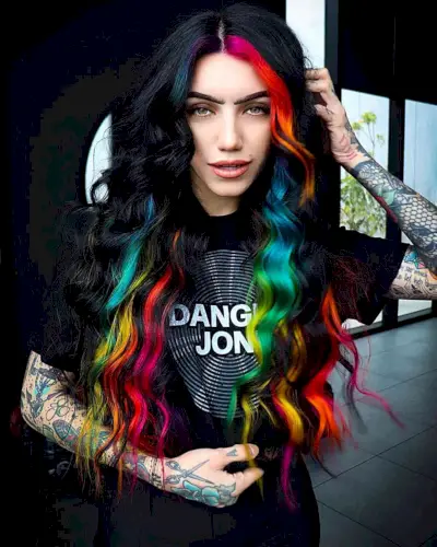 Black Tresses with Rainbow Highlights and a rainbow money piece