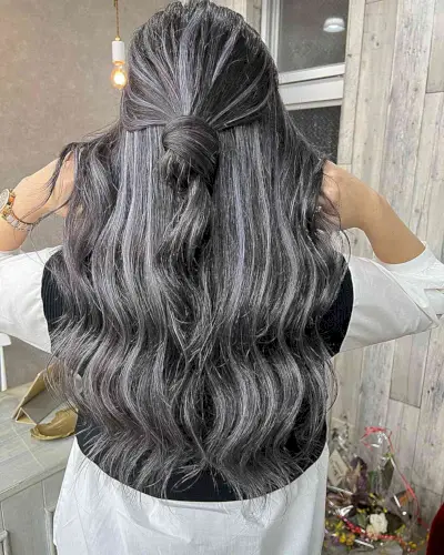 Ashy White Highlights on Black Hair